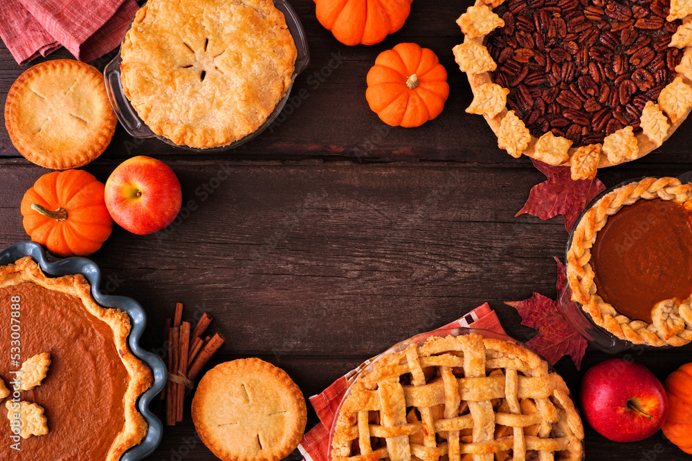 Poster collection of homemade fall pies. pumpkin, apple and pecan. top view frame on a dark wood background