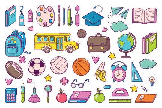 Back to School. Huge set of bright colorful doodles pictures, school bus and supplies. Isolated on white background