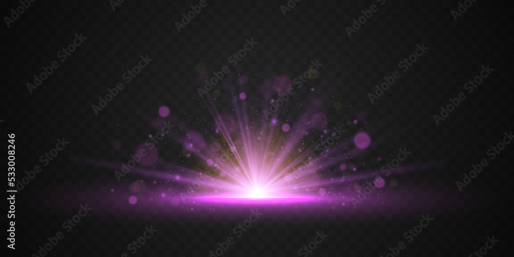 Poster purple glitter explosion sun on transparent background. light flare violet rays with bokeh effect. m