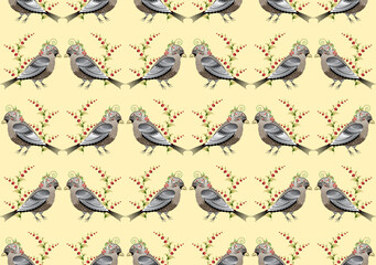 Seamless pattern with two decorative sparrows. Digital watercolor
