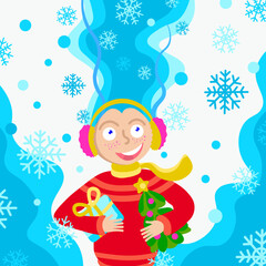 Fototapeta na wymiar Winter illustration. Smiling girl with winter gifts. Snowflakes. Greeting and gift desing. Christmas holiday card.