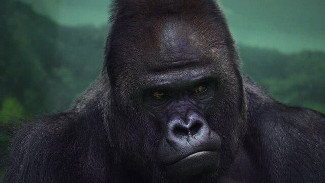 Closeup portrait of gorilla male, severe silverback, watching his somewhere family. Menacing expression of great ape, most dangerous and huge monkey. High quality 8k footage filmed on Nikon Z9 camera