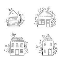 Set of small cute black and white doodle houses, with floral elements.