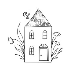 Small cute black and white doodle house with floral elements. Coloring page.