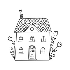 Small cute black and white doodle house with floral elements. Coloring page.