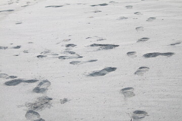 photo of the appearance of black beach sand and human footprints