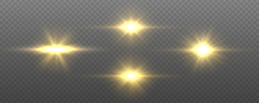 Flare With Golden Rays Of Light And Magic Sparkles. Bright Star Spark. Abstract Yellow Rays Will Raise. Transparent Glitter Gradient Gloss, Bright Flash. Gold Shining Sun With Sparkle Rays. Vector.	