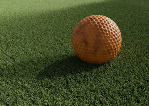A 3d rendered image of an orange gold ball on grass