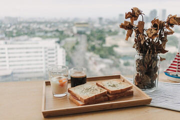 Sandwich soft boiled eggs and one shot of espresso coffee breakfast set.