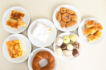 Table scene of assorted take out or delivery foods. Traditional Turkish cuisine. Various Turkish meal and appetizers. Top down view on a table.