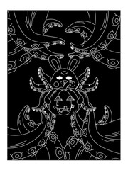 Psychedelic Halloween poster. A bunny with octopus tentacles holds a pumpkin. Surrealism. Contour.