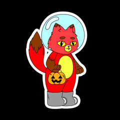 A sticker with a fox in a helmet from a spacesuit holds a basket in the form of a pumpkin. Halloween.