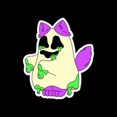 Sticker of a cat in a ghost costume. Psychedelic, surrealism, Halloween.