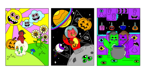 A set of psychedelic posters. Space, mushrooms, monsters, strange animals, an eye in a triangle. Surrealism.