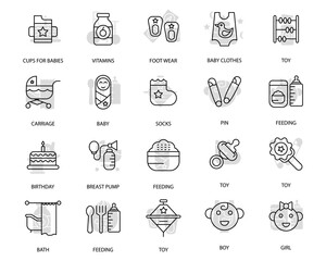 Baby care toys, kid feeding icons set. Set of editable stroke icons.Vector set of Baby care toys, kid feeding