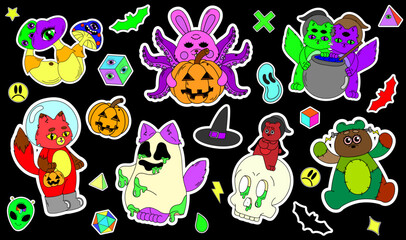 A set of psychedelic Halloween stickers. A bunny with tentacles, a fox in a spacesuit, green goo, a Frankenstein bear. Surrealism.