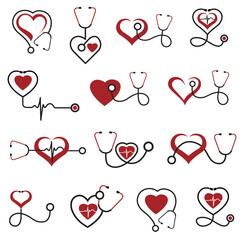 collection of medical halth care icons with stethoscope and heart isolated on white background