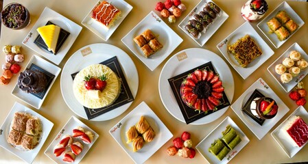 Delicious meat kebab with fresh vegetable salad served with variety of Turkish dishes and appetizers. Top view of assorted Turkish food and meze, tasty and healthy Mediterranean cuisine.