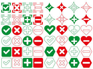 Approved/Rejected, Yes/No, Correct/False, Green/Red, - vector glyph symbols in green and red.