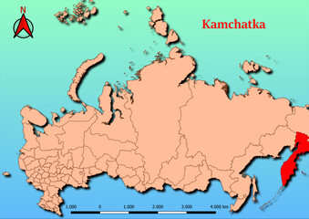 Vector Map of Russia with map of Kamchatka county highlighted in red