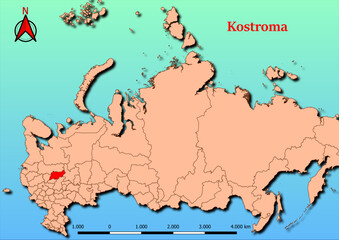 Vector Map of Russia with map of Kostroma county highlighted in red