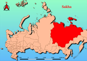 Vector Map of Russia with map of Sakha county highlighted in red