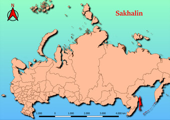 Vector Map of Russia with map of Sakhalin county highlighted in red
