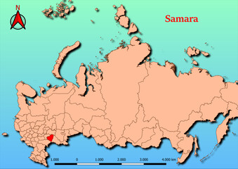 Vector Map of Russia with map of Samara county highlighted in red