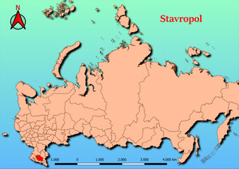 Vector Map of Russia with map of Stavropol county highlighted in red
