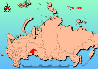 Vector Map of Russia with map of Tyumen county highlighted in red