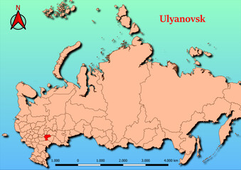 Vector Map of Russia with map of Ulyanovsk county highlighted in red