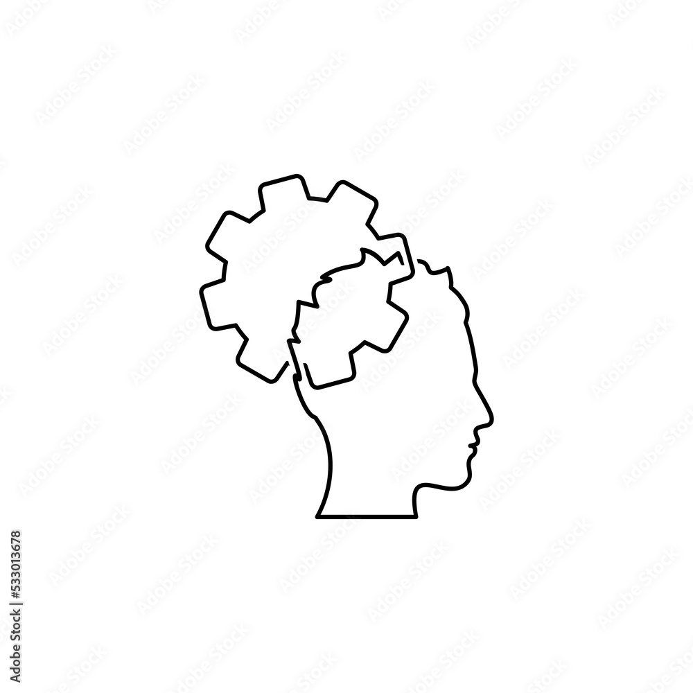Poster thinking process icon. head with gears line symbol isolated on white background