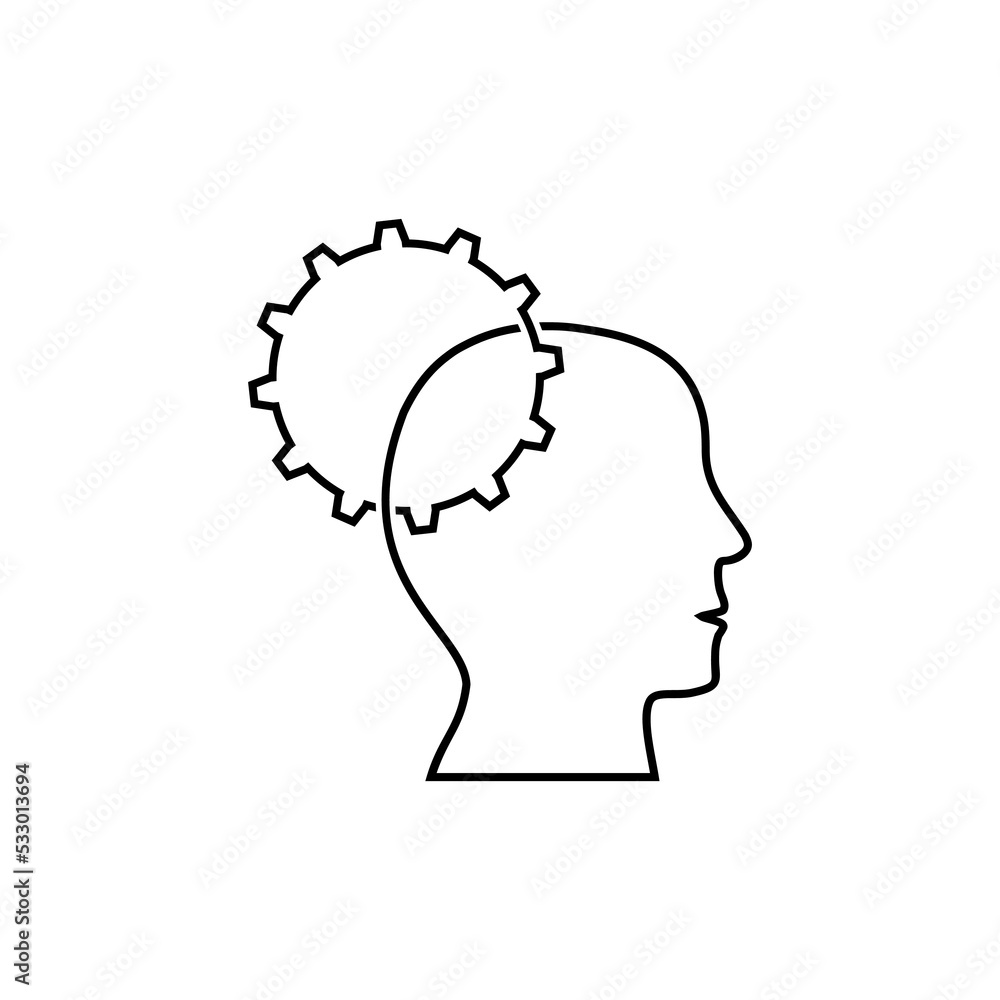 Poster thinking process icon. head with gears line symbol isolated on white background