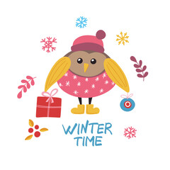 Vector Illustration with a cute Christmas bird in winter accessories, hat, scarf, boots.
