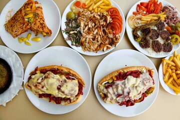 Delicious meat kebab with fresh vegetable salad served with variety of Turkish dishes and appetizers. Top view of assorted Turkish food and meze, tasty and healthy Mediterranean cuisine.