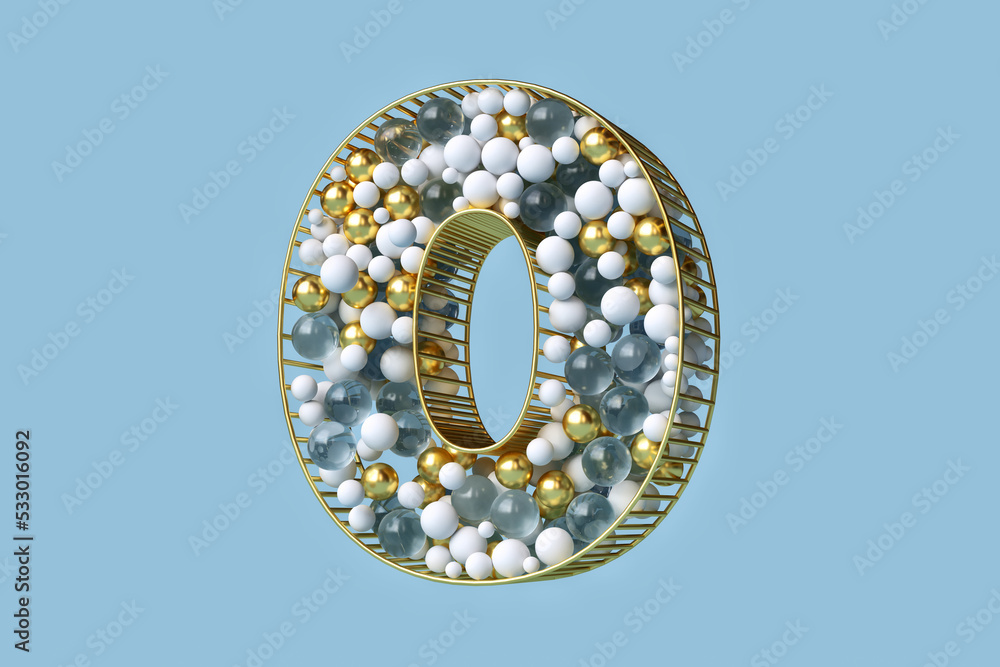 Poster creative 3d font made of floating spheres in gold, crystal and white colors. digit number 0 suitable