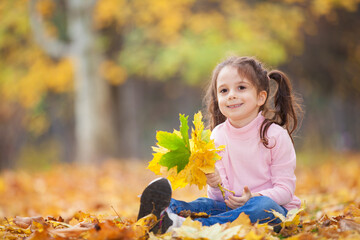 Happy girl playing yellow leaves in the autumn park. Beauty nature scene with family fall outdoor lifestyle. Happy girl having fun outdoor. Happiness and harmony in childhood - 533016024