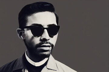 Obraz premium collage of handsome, fashionable man in eyeglasses posing isolated on grey, horizontal image , anime style