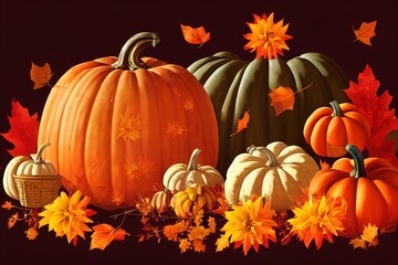 Naklejka premium autumn composition with pumpkin and dry flowers in basket fall seasonal natural background symbol of Autumn harvest, Thanksgiving, Mabon sabbat and Halloween holiday , anime style