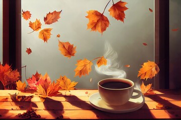 White scarf, cup of coffee with scattered coffee beans, dry yellow leaves on a wooden table Autumn mood, copy space , anime style
