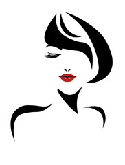 vector illustration, depicting the face of a beautiful woman with  ringlets. Women short hair style icon, logo women on white background