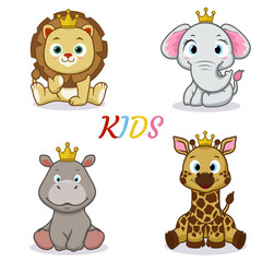 A set of cute animals. Prince. A greeting card. Vector graphics.