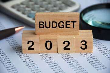 Budget 2023 text on wooden blocks with data analysis and office concept background. Budgeting...