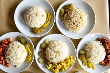 Table scene of assorted take out or delivery foods. Traditional Turkish cuisine. Various Turkish meal and appetizers. Top down view on a table.