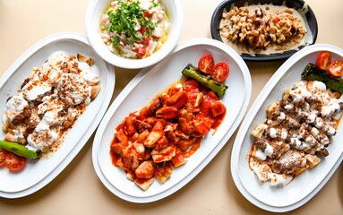 Delicious meat kebab with fresh vegetable salad served with variety of Turkish dishes and appetizers. Top view of assorted Turkish food and meze, tasty and healthy Mediterranean cuisine.