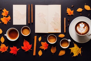 Autumn composition Pumpkin Spice Latte, maple leaves and pumpkins on black background, creative flat lay, top view, copy space Seasonal autumn concept with coffee drink , anime style