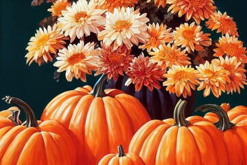 Naklejka na ściany i meble Autumn background with a bouquet of chrysanthemums and pumpkins, copy space , anime style