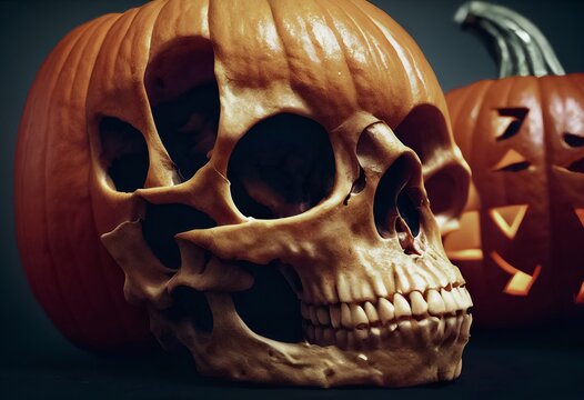 Photorealistic Halloween pumpkin in the shape of a human skull , dark background, Jack o Lantern,  3d illustration