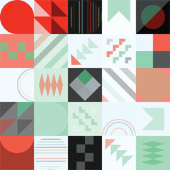 Abstract Bauhaus geometric pattern background, vector circle, triangle and square lines color art design. Colorful Bauhaus pattern background
