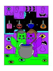 Psychedelic Halloween poster. Siamese twin kittens brew a potion in witch hats. Surrealism.